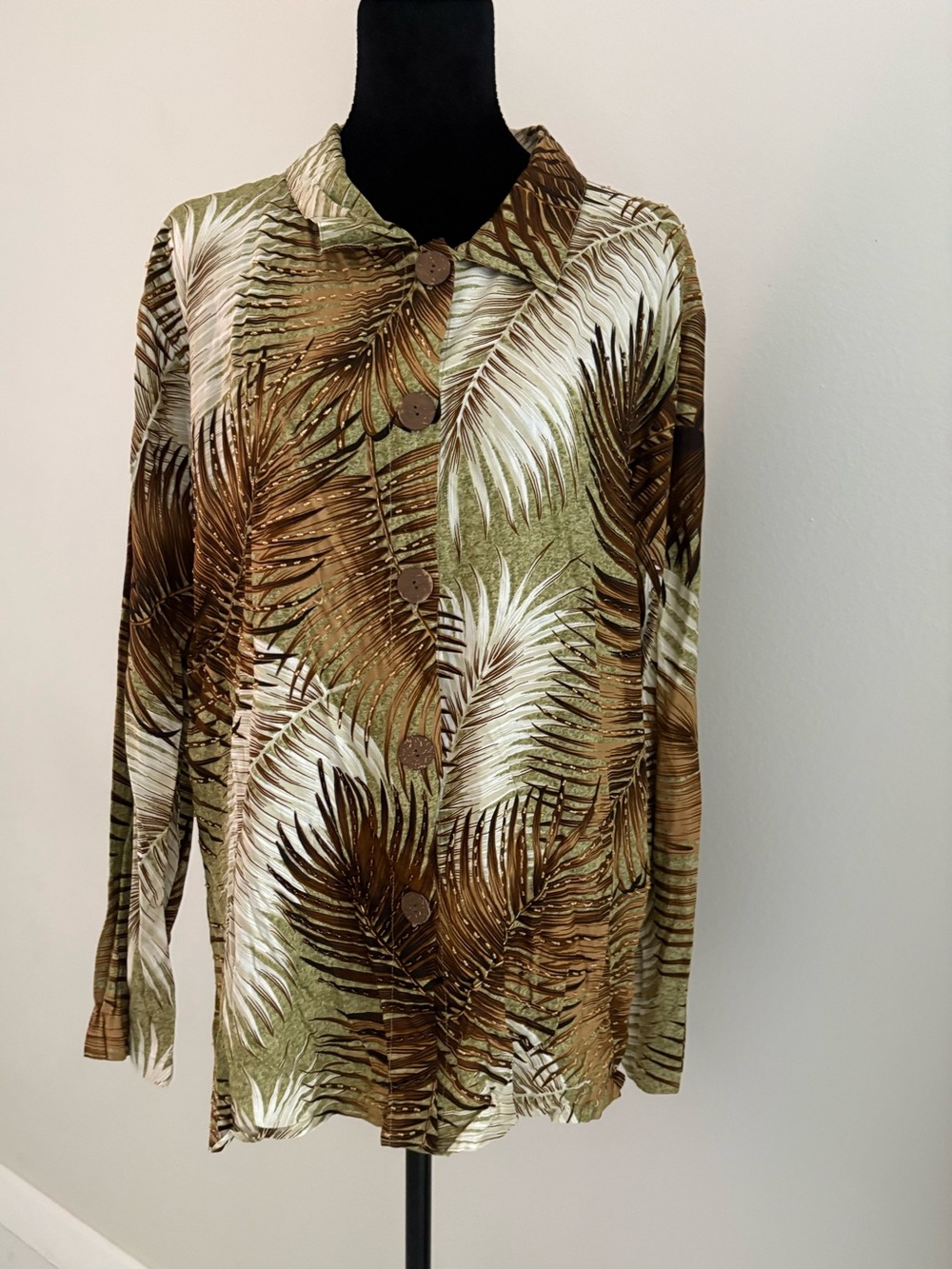 Paradiso Tropical Palm Leaf Print Rayon Button Front Blouse Women’s Large